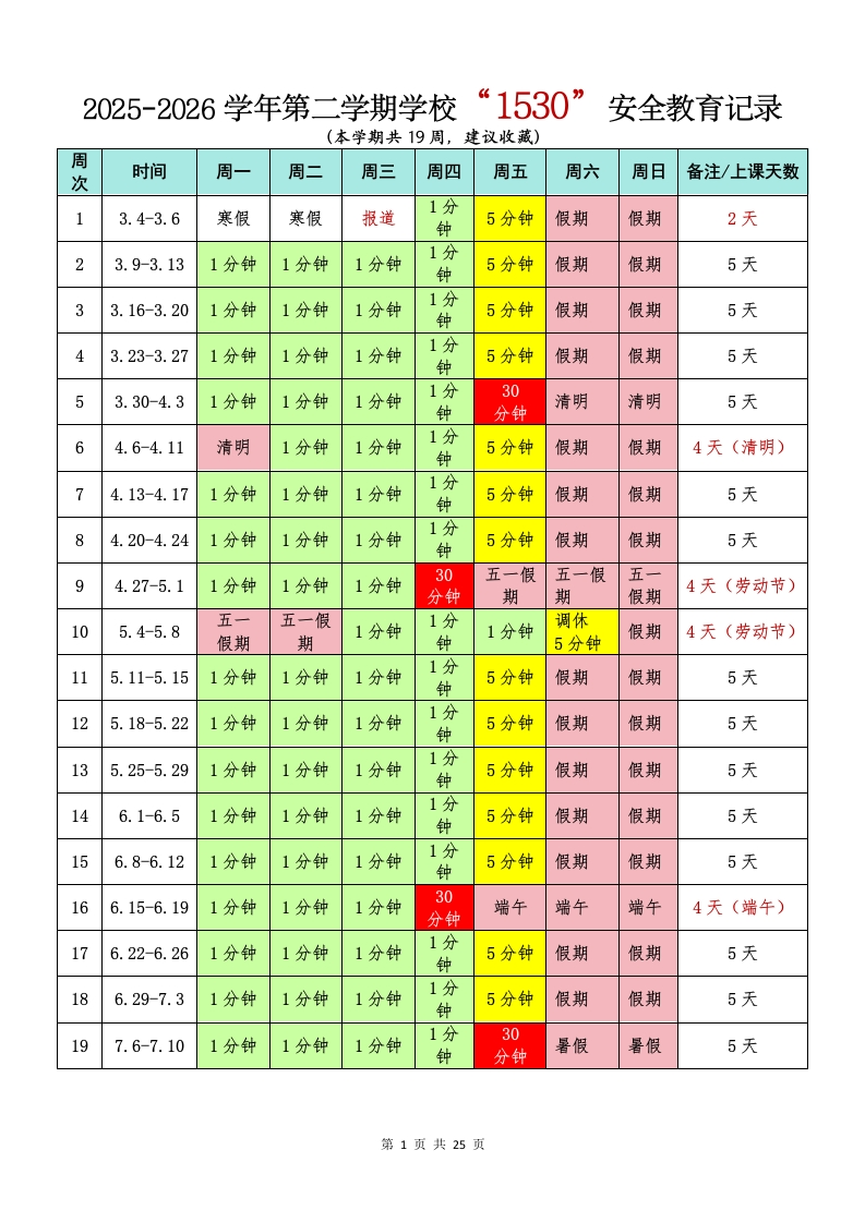 2025-2026学年第二学期学校“1530”安全教育记录-教务资料网