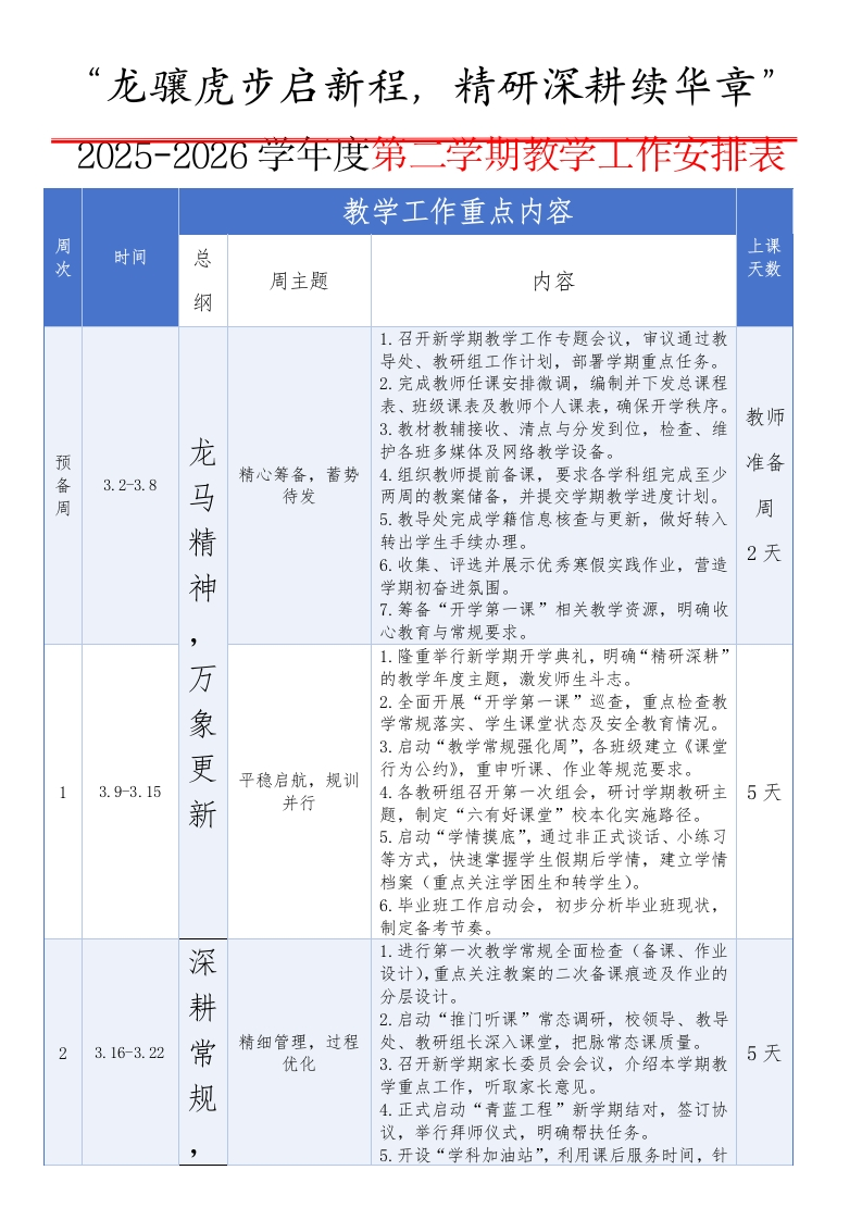 2025-2026学年第二学期教学工作安排表：龙骧虎步启新程，精研深耕续华章-教务资料网