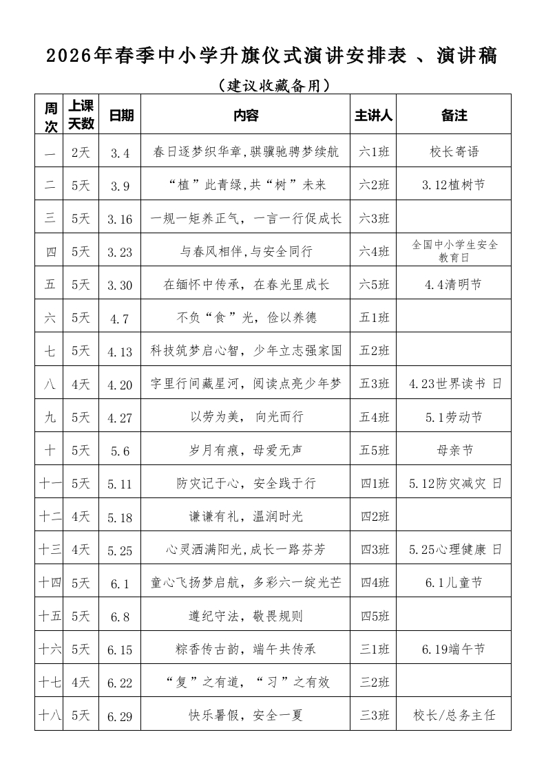 2025-2026第二学期升旗仪式安排表及演讲稿(18周)：春日逐梦织华章，骐骥驰骋梦续航-教务资料网