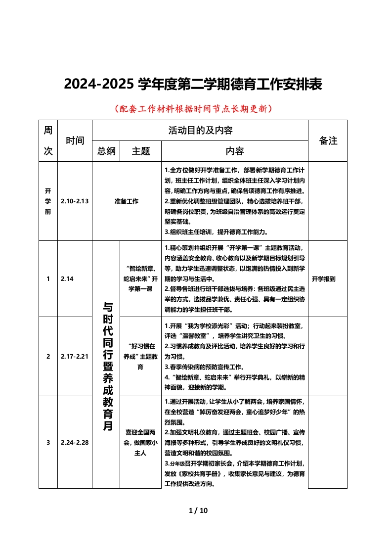 2025年春季学期学校德育工作计划安排表（完整版）-教务资料网