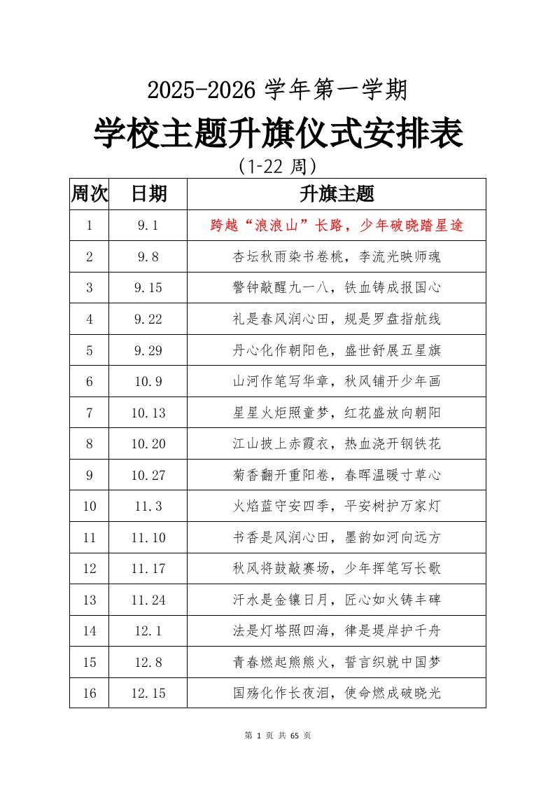 2025年秋季升旗仪式安排表及主持词-教务资料网