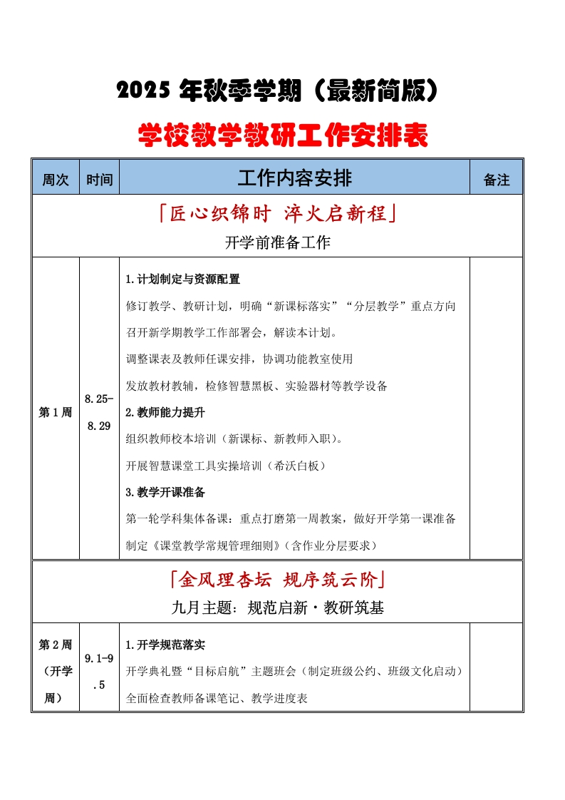 2025年秋季学期学校教学教研工作周安排表（简版）第一版-教务资料网