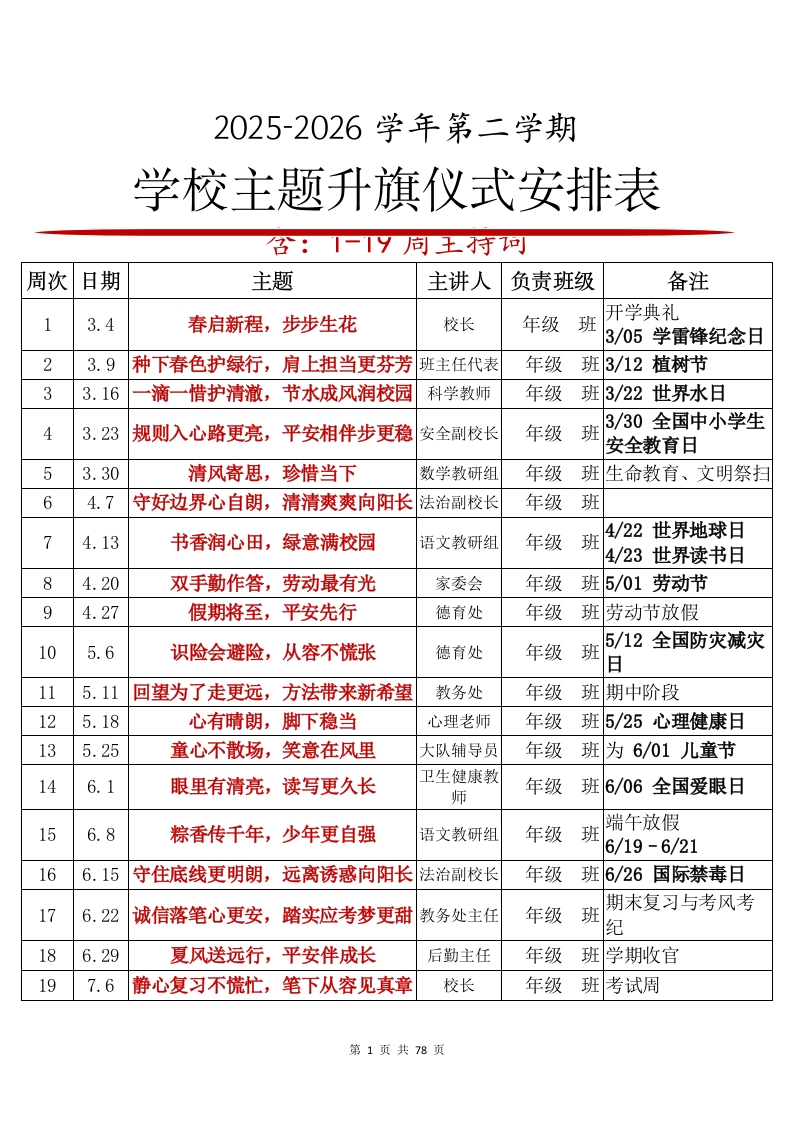 2026年春季升旗仪式安排表及主持词(1-19周)：春启新程，步步生花-教务资料网