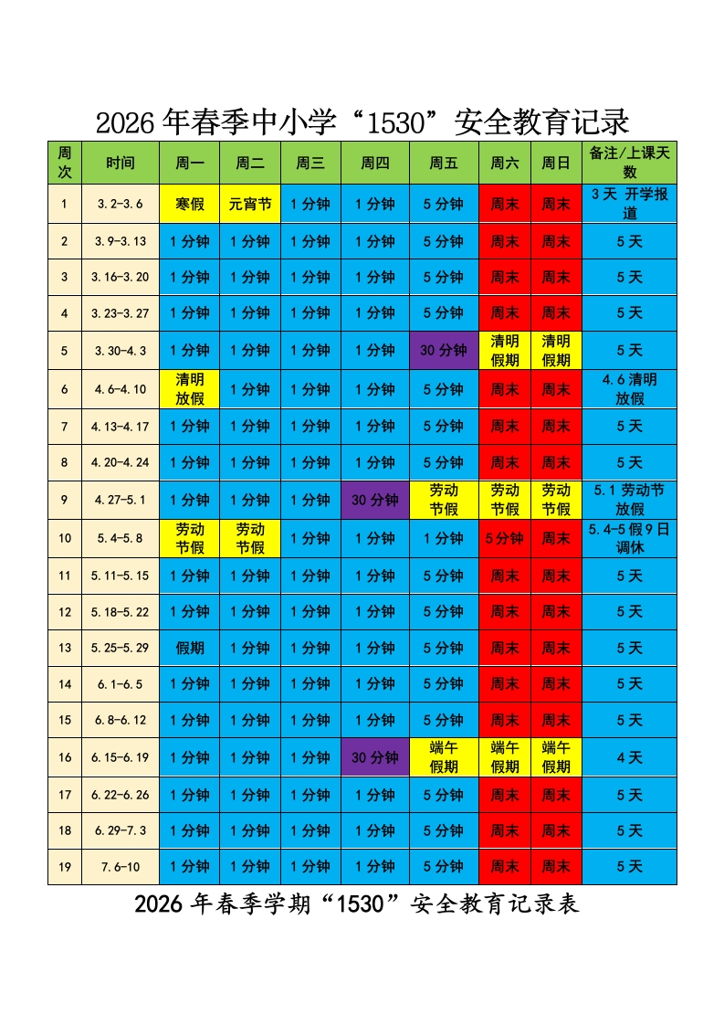 2026年春季学期中小学1530安全教育记录（第一版）-教务资料网