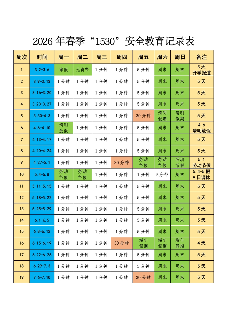 2026年春季学期中小学1530安全教育记录（第二版）-教务资料网