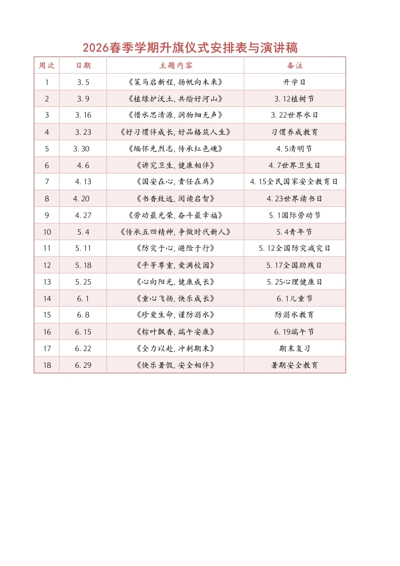 2026年春季学期升旗仪式安排表18周-教务资料网
