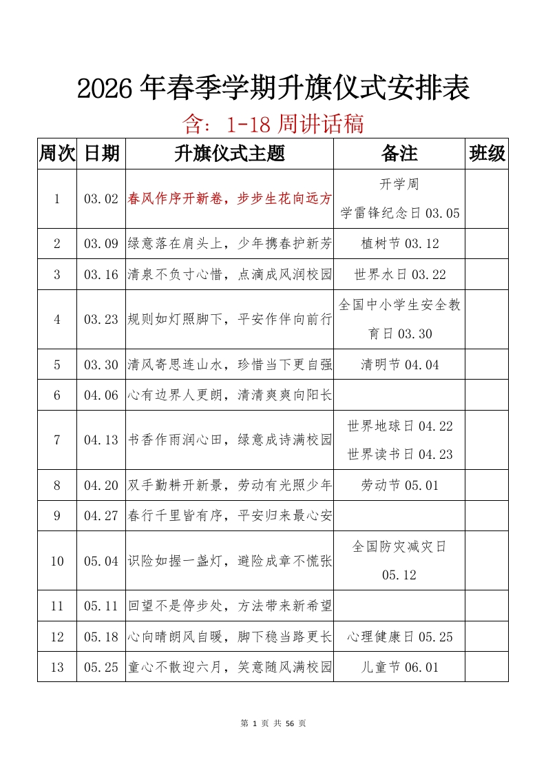 2026年春季学期升旗仪式安排表及讲话稿(18周)：春风作序开新卷，步步生花向远方-教务资料网