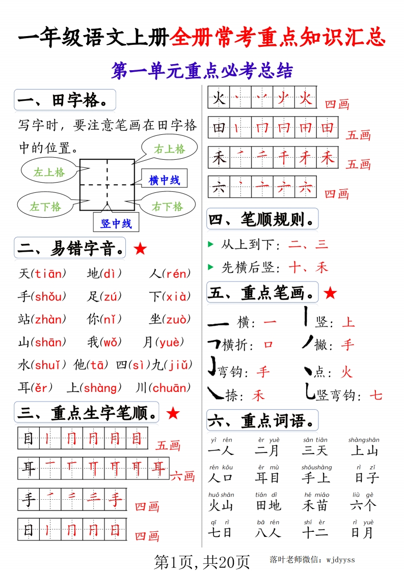 25秋一年级语文上册全册《常考重点知识汇总》-教务资料网