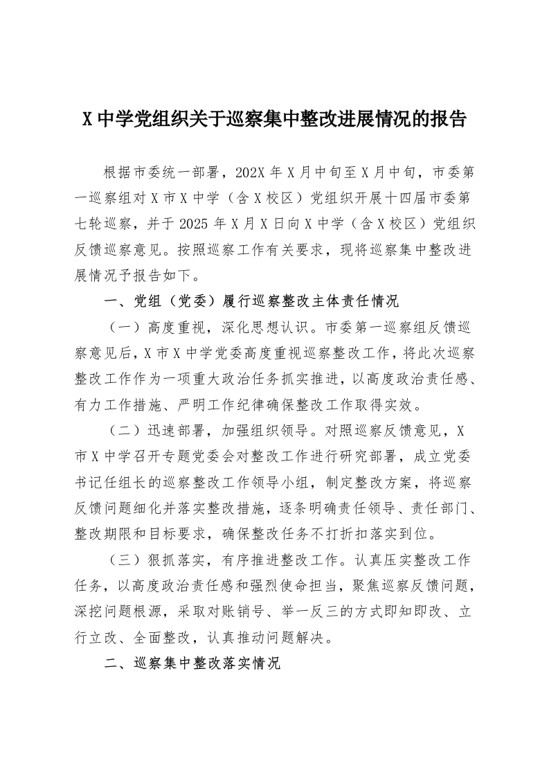X中学党组织关于巡察集中整改进展情况的报告-教务资料网