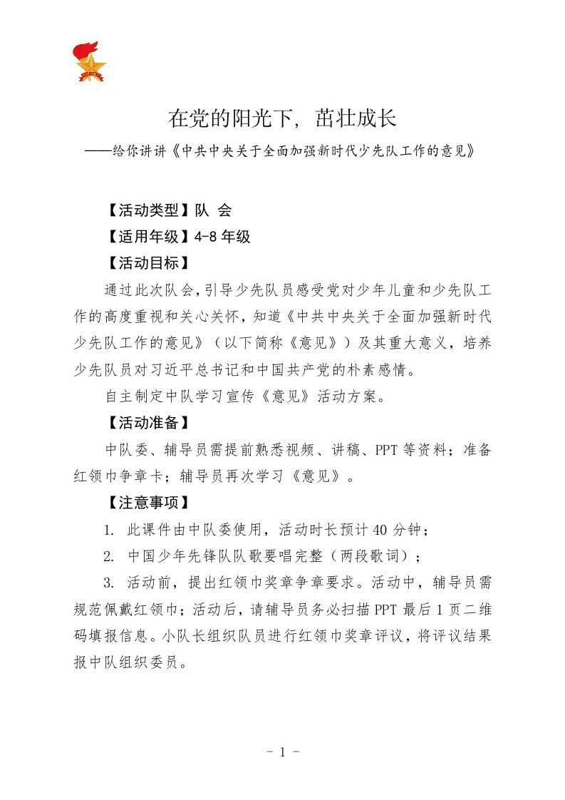 《在党的阳光下茁壮成长》少队课教案（4-8年级）-教务资料网
