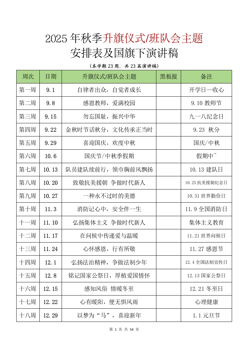 【李老师】2025年秋季学期升旗仪式安排表及演讲稿(33)(3)-教务资料网
