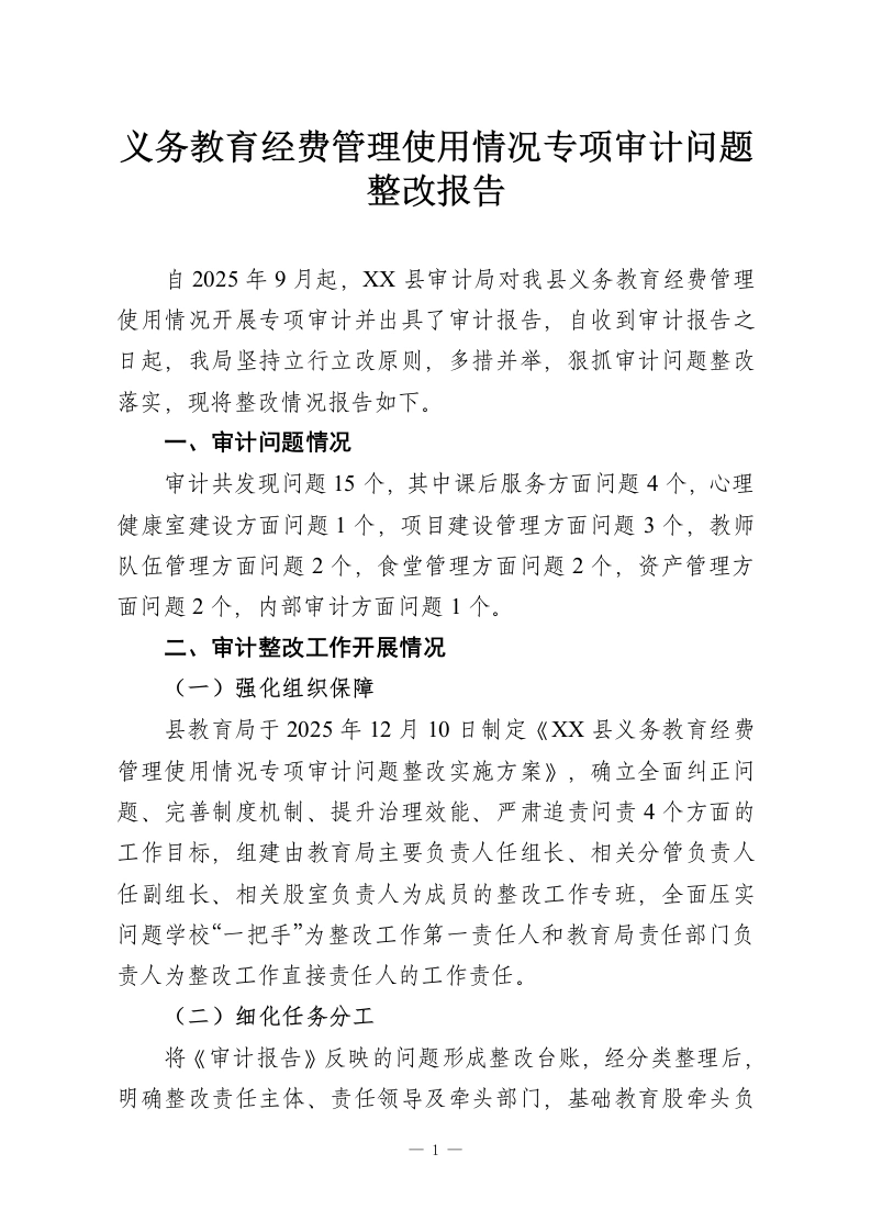 义务教育经费管理使用情况专项审计问题整改报告-教务资料网