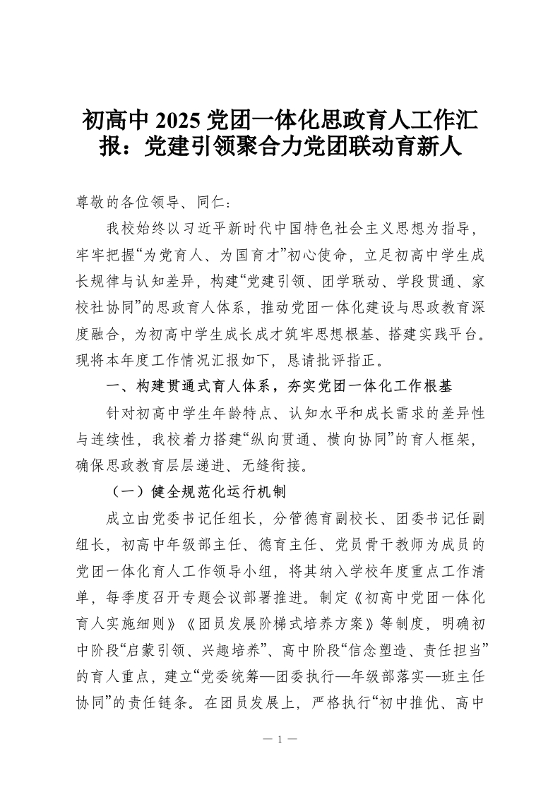 初高中2025党团一体化思政育人工作汇报：党建引领聚合力党团联动育新人-教务资料网