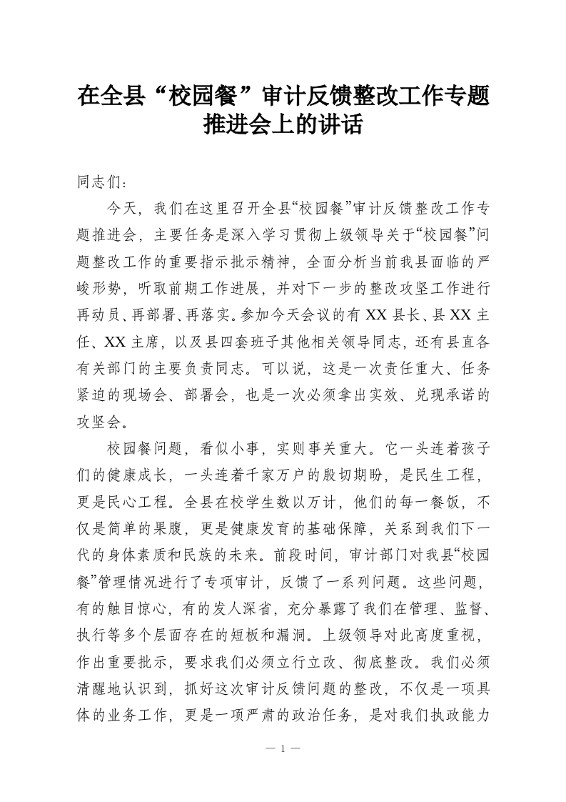 在全县“校园餐”审计反馈整改工作专题推进会上的讲话-教务资料网