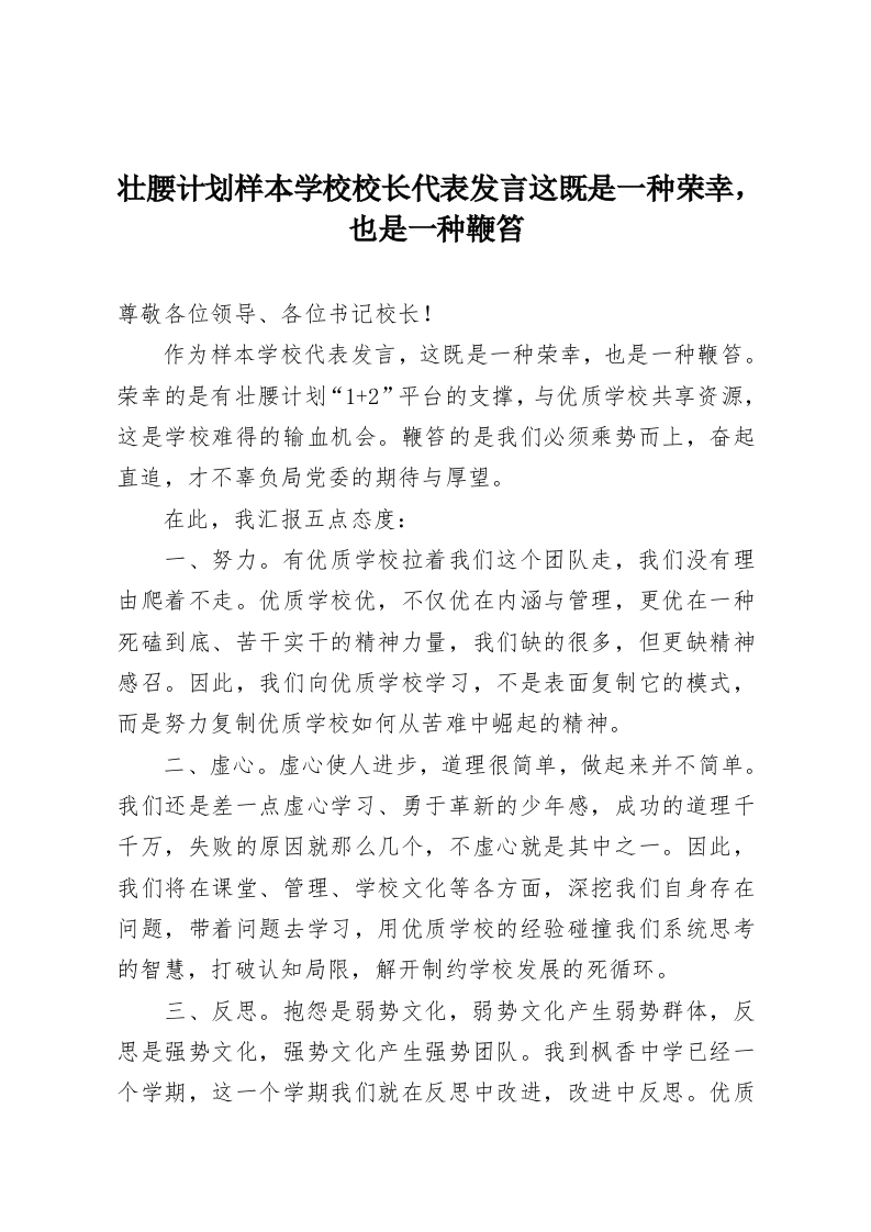 壮腰计划样本学校校长代表发言这既是一种荣幸，也是一种鞭笞-教务资料网