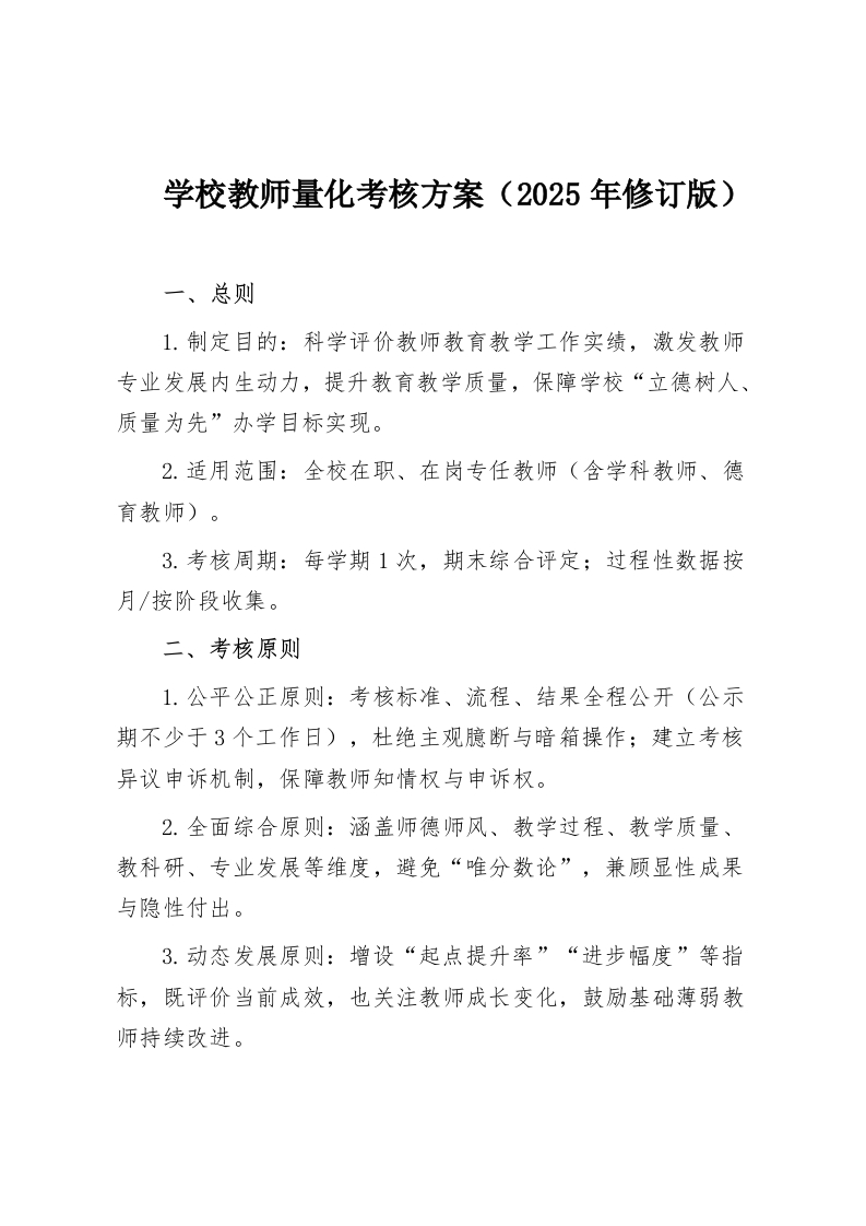 学校教师量化考核方案（2025年修订版）-教务资料网