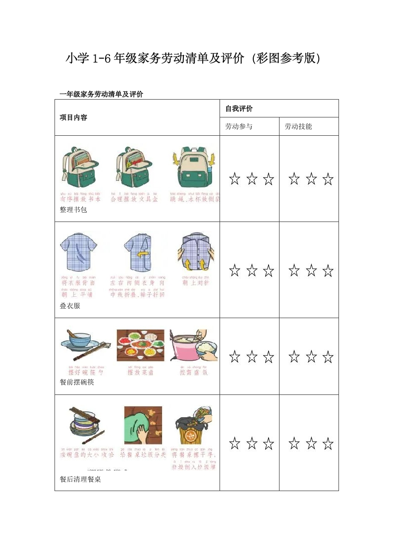 小学1-6年级家务劳动清单及评价（彩图参考版）-教务资料网