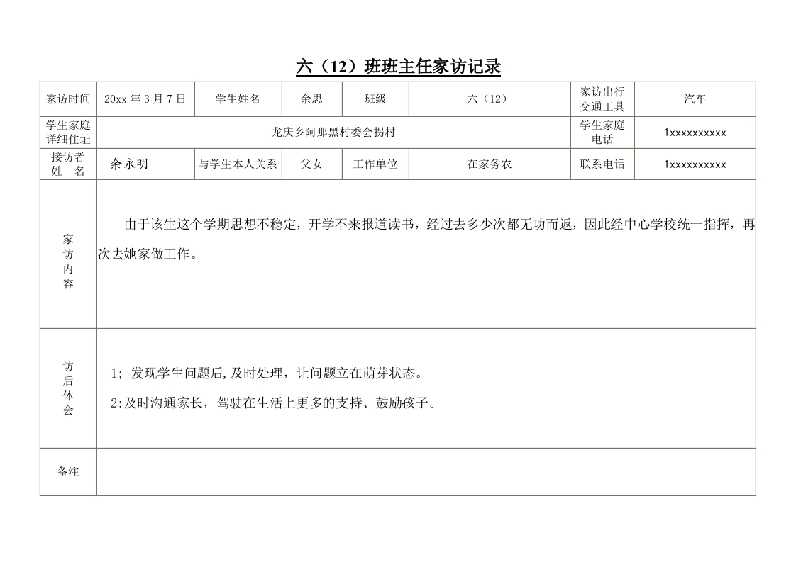 小学六年级班主任家访记录表-教务资料网