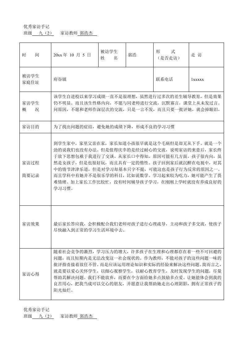 教师家访记录表-教务资料网