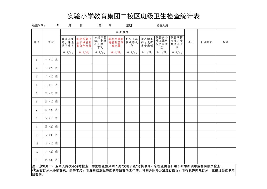 文明班级卫生检查统计表(每周打印)-教务资料网