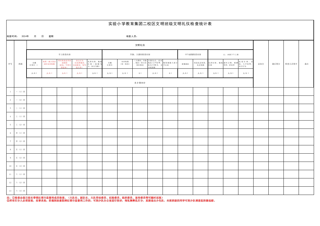 文明班级文明礼仪检查统计表(每周打印)-教务资料网
