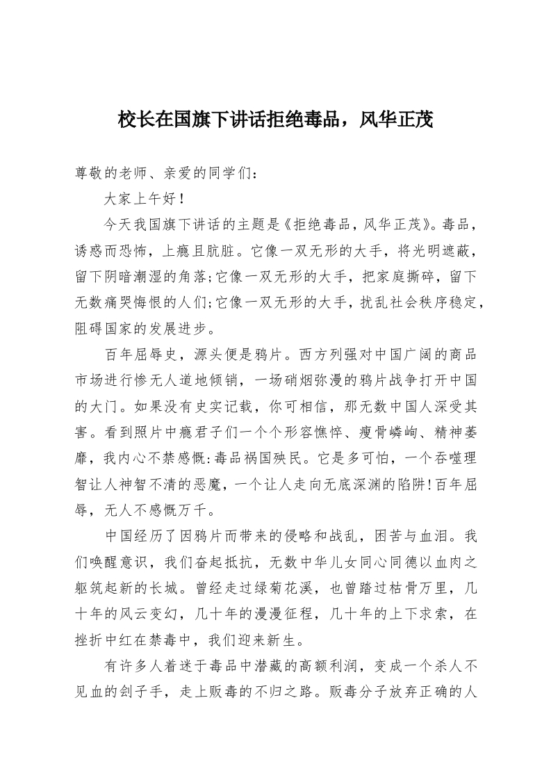 校长在国旗下讲话拒绝毒品，风华正茂-教务资料网