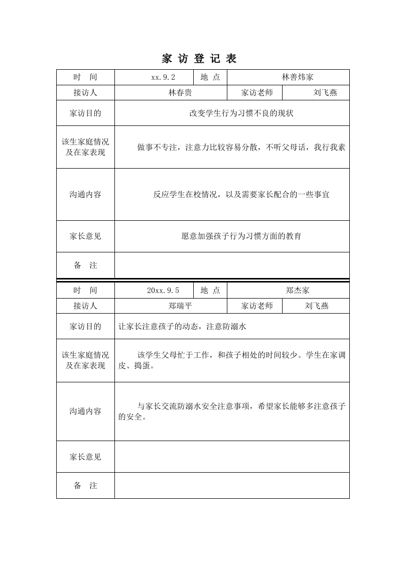 班主任工作手册：家访登记表-教务资料网