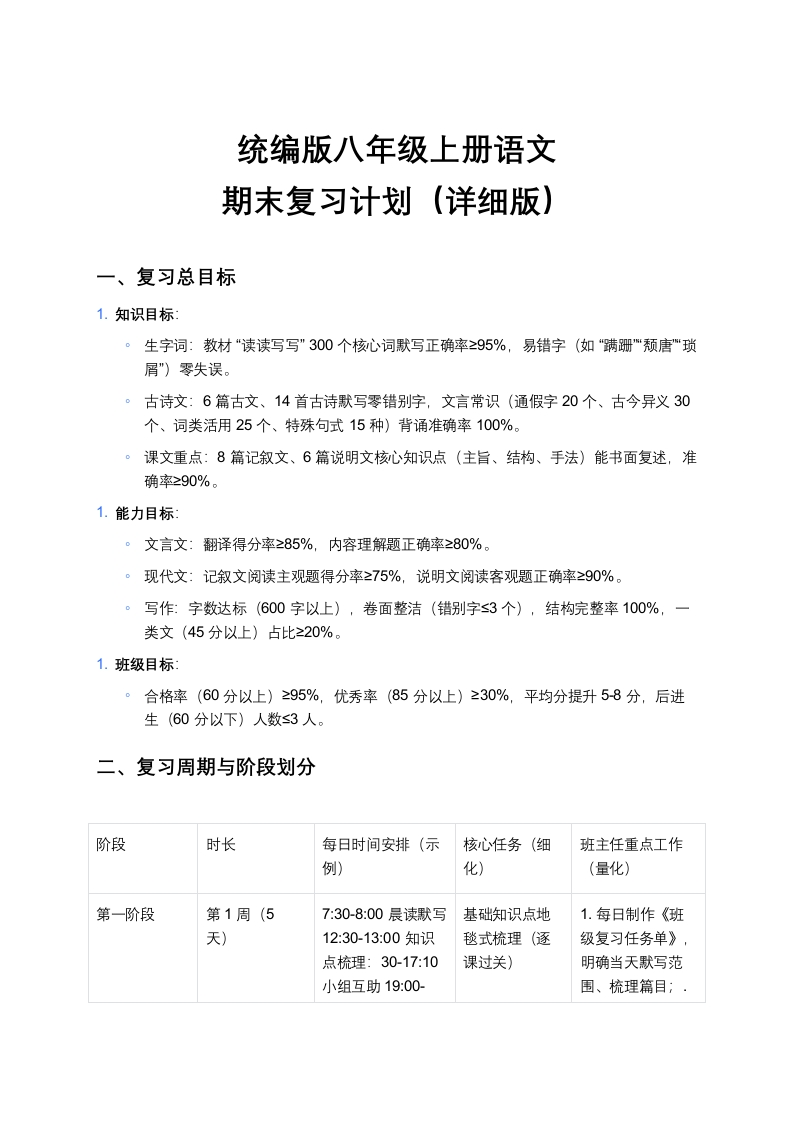 统编版八年级上册语文期末复习计划（详细版）-教务资料网