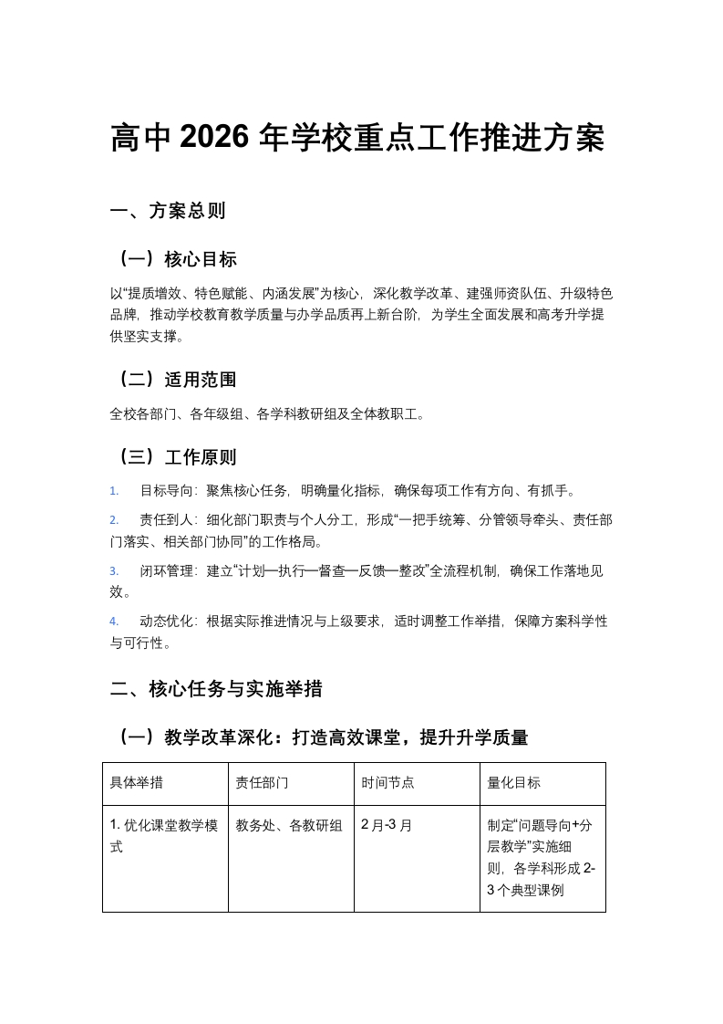 高中2026年学校重点工作推进方案-教务资料网